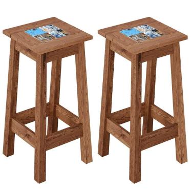 Imagem de Kit 02 Banquetas Altas Com Cerâmica Vintage Rústica Imbuia
