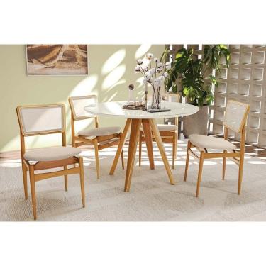 Imagem de Mesa Cozinha Duna Premium Madeira Maciça c/ Tampo Madeirado c/ Vidro 120x120cm e 4 Cadeiras Stela Carvalho/Off White - Linho Bege Argila-Kappesberg