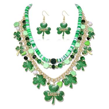 Imagem de YAHPERN Joias de Dia de São Patrício para mulheres, colar com pingente de trevo de boa sorte, pulseira com pingente de trevo de folha verde, acessórios de férias irlandeses, lembrancinhas de festa