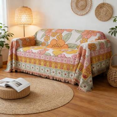 Imagem de Lifevc Capa de sofá de crochê de algodão, estampa floral laranja, 2 almofadas, lavável na máquina, durável, 1 capa universal para móveis para sala de estar, 180 cm x 299 cm