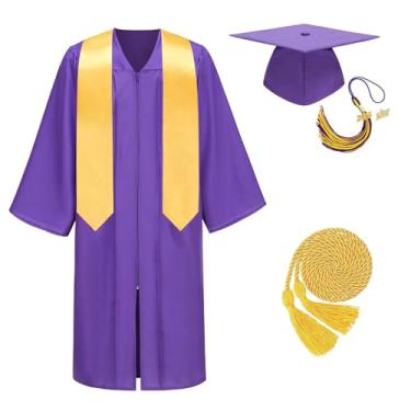 Imagem de HAPNBCELE Conjunto de vestido e boné de formatura fosco unissex para adultos 2026 2027 com borla para solteiro do ensino médio, Roxa, 54