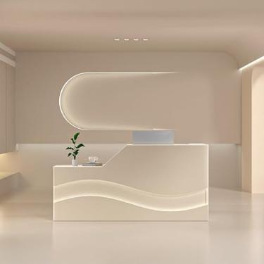 Imagem de Mesa de recepção preta com gaveta bloqueável e bandeja de teclado, mesa de balcão frontal para escritório, lobby e salão, design elegante, 140 cm x 60 cm x 99 cm