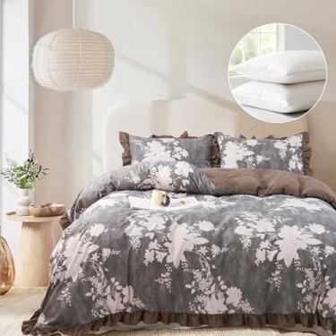 Imagem de Oli Anderson Conjunto de cama de 5 peças, estampa botânica vintage, cama cottagecore leve em uma bolsa com 1 edredom de flores com babados, 2 fronhas, 2 travesseiros (marrom, King)