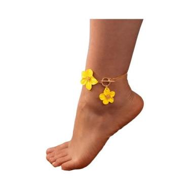 Imagem de Tornozeleira Feminina Boêmia Com Pingente De Flor Branca E Amarela Par
