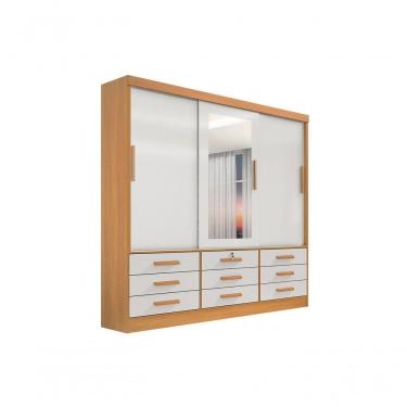 Imagem de Guarda Roupa Casal Meridian Com Espelho 3 Portas 9 Gavetas Com Pés - D' Doro Cinamomo/off White