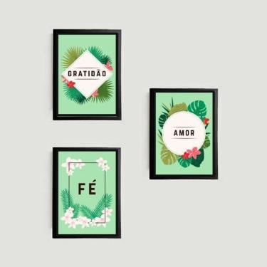 Imagem de Kit 3 Quadros Amor Fé Gratidão Tropical 33X24Cm Com Vidro