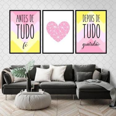 Imagem de Kit 3 Quadros Fé Rosa Amarelo Coração 45X34 Com Vidro Preta