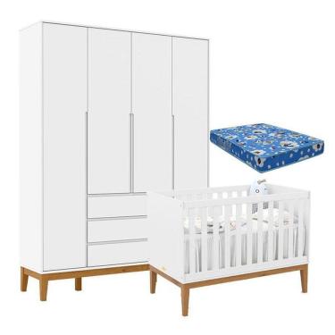 Imagem de Berço Americano Unique E Guarda Roupa 4 Portas Nature Clean Branco Soft Eco Wood E Colchão Ortobom – Matic