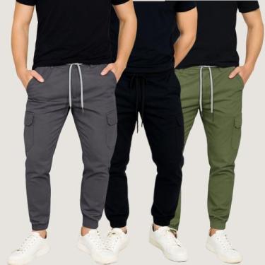 Imagem de Kit 3 Calças Cargo Jogger Masculina Cordão Streetwear Punho - Calça Jo