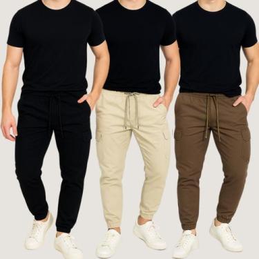 Imagem de Kit 3 Calças Cargo Jogger Masculina Cordão Streetwear Punho - Calça Jo