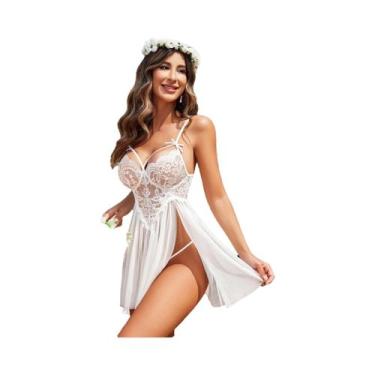 Imagem de Camisola Babydoll Branca De Renda Para Mulheres, Lingerie Floral Român
