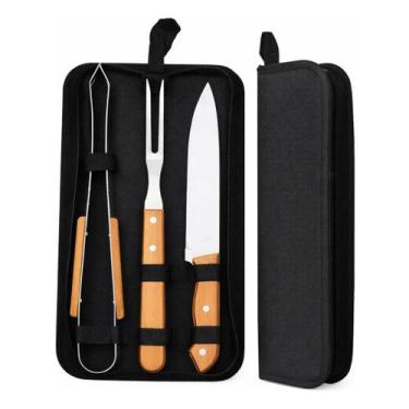 Imagem de Kit de Churrasco 3 Peças em Aço Inox com Cabo de Madeira Estojo Portát