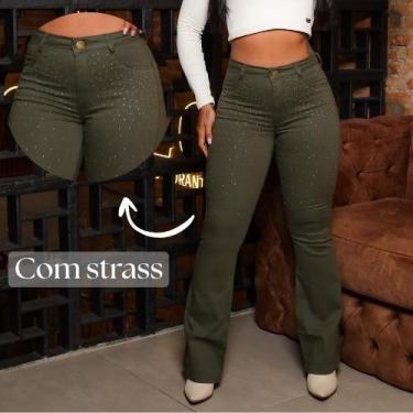 Imagem de Faraya Jeans Calça Flare Verde com strass/brilho aplicação Cintura alt