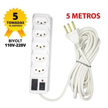 Imagem de Filtro de Linha Branco 5 Tomadas com 5 Metros - MAV ELETRO