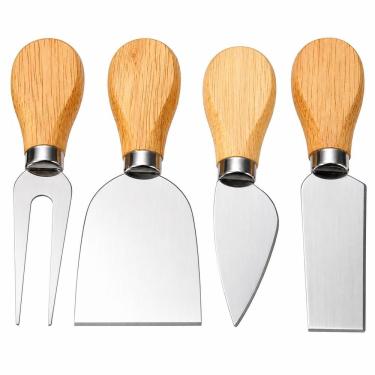 Imagem de Kit para Queijo e Petiscos 4 Peças Aço Inox e Madeira Faca Garfo Espátula Servir Frios Vinho Presente Casa Utimix