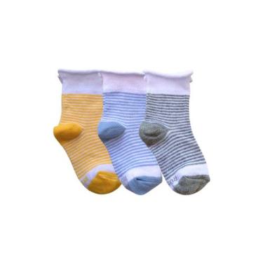 Imagem de Kit 3 Pares Meia Algodão Bebê Punho Suave Listradinha Conforto Tamanho