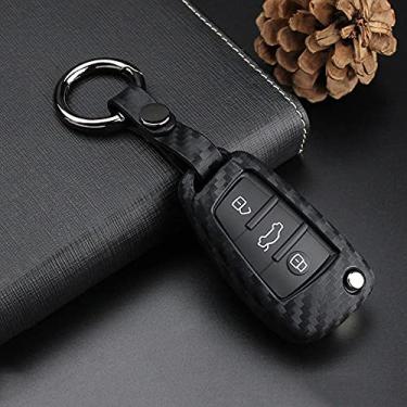 Imagem de YJADHU Fibra de carbono Silicone Car Key Fob Cover Case Shell Holder Keychain, apto para Audi A3 8L 8P A4 B6 B7 B8 A6 C5 C6 4F RS3 Q3 Q7 TT, Com Keychain