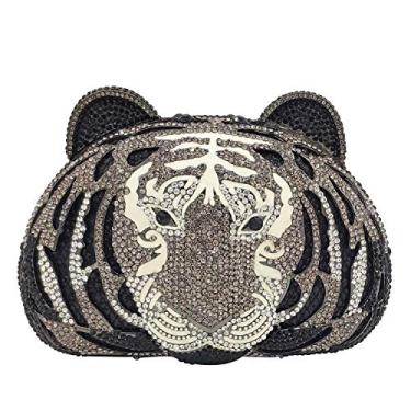 Imagem de Bling Diamond Tiger Clutch Bolsa de noite feminina para festa formal de cristal bolsa de casamento, Preto