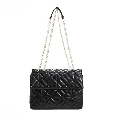 Imagem de Bolsa de ombro feminina com aba e corrente, moderna, de couro acolchoado, bolsa tiracolo casual, Preto