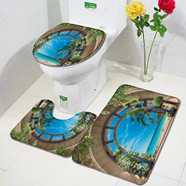 Imagem de Conjunto de tapetes de banho de praia de palmeira em arco, cenário de oceano, tapete de porta de flanela, decoração de banheiro antiderrapante, tapete de cobertura de vaso sanitário, 2613zy, conjunto de 3 peças, 75x45cm, 29,5x17,7in
