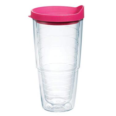 Imagem de Tervis Tampa transparente e colorida feita nos EUA Copo de viagem com isolamento térmico mantém as bebidas frias e quentes, 680 g, tampa fúcsia