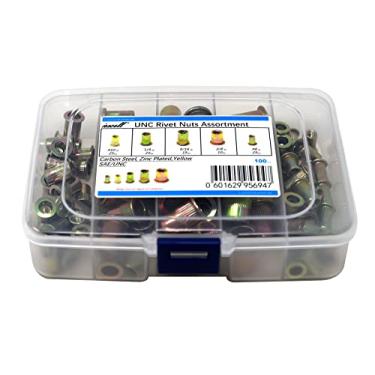 Imagem de iExcell 205 peças #6-32UNC #8-32UNC #10-24UNC 1/4-20UNC 5/16-18UNC 3/8-16UNC Porcas de inserção roscadas de rebite de aço carbono, acabamento banhado a zinco amarelo, cabeça chata