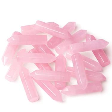 Imagem de YATOJUZI Conjunto de 10 peças de pedras de cristais naturais de cura de quartzo rosa, pedras preciosas polidas com bolso rolado, pontos hexagonais, reiki, equilíbrio energético, chakra, meditação