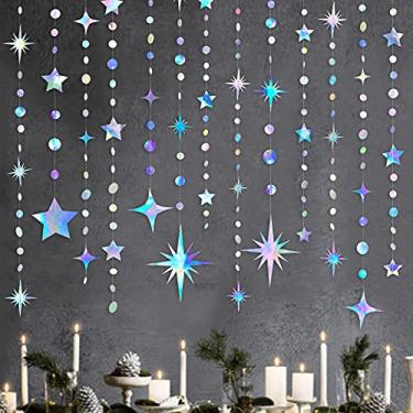 Imagem de Decoração de festa iridescente, faixa de papel com pontos circulares de estrelas, faixa de bandeira, cintilante metálico, decoração de estrelas para crianças, aniversário, chá de bebê, casamento, festival, noivado, decoração de 16 anos