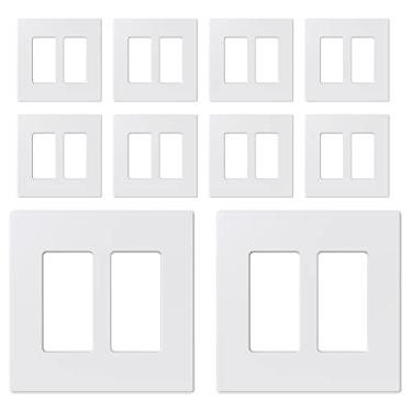 Imagem de ELEGRP Placas de parede decorativas sem parafusos de 2 entradas, tampa de placa frontal termoplástica inquebrável de tamanho médio para interruptor de tomada de receptáculo de decoração, listado pelo UL (pacote com 10, branco fosco)