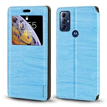 Imagem de Capa para Motorola Moto G Play 2023, capa de couro de grão de madeira com porta-cartão e janela, capa flip magnética para Motorola Moto G Play Gen 2 (6,5 polegadas), azul celeste