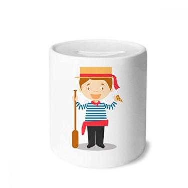 Imagem de DIYthinker Caixa de dinheiro azul branca listrada italiana desenho animado caixa de cerâmica porta-moedas presente de cofrinho
