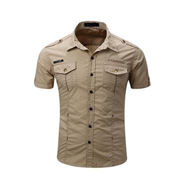 Imagem de Elonglin Camisa masculina elegante com botões, 100% algodão, manga curta, caimento justo, cor lisa, camisa casual, Caqui, G
