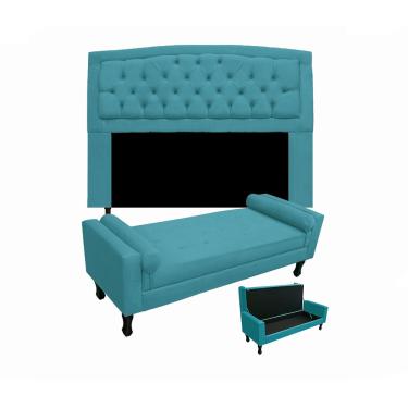 Imagem de Conjunto Cabeceira Geovana + Calçadeira Fênix Solteiro 90cm Suede Azul Turquesa - LM DECOR