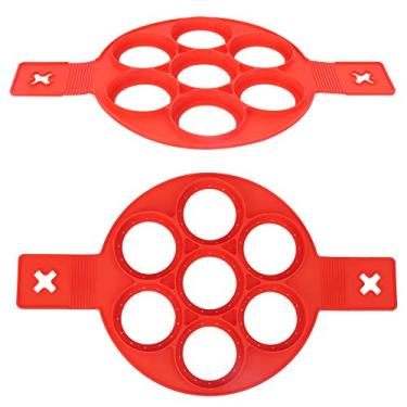 Imagem de 2 peças de moldes de panqueca vermelho de silicone para fritar ovo com 7 furos de forma redonda máquina de ovo antiaderente ferramenta de cozinha para sanduíche de panqueca café da manhã