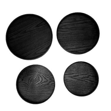 Imagem de Bandeja de Madeira, Palete de Madeira Redonda Antiderrapante Segura 4 Peças para Lanches para Hotéis (Preto)
