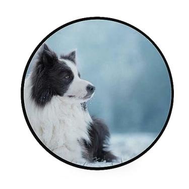 Imagem de Tapete redondo preto e branco cachorro na neve, 91 cm, para quarto, sala de estar, tapete grande antiderrapante para sala de jantar, banheiro, cozinha, círculo, tapete de estudo, brincadeira