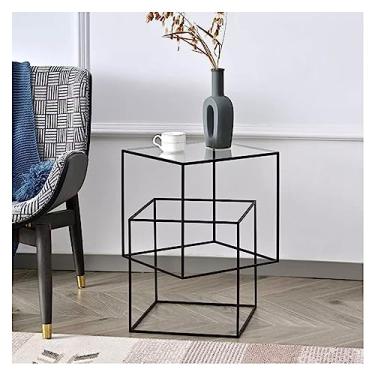 Imagem de Mesa de centro mesa de canto quadrada, mesa lateral estreita com mesa de vidro temperado e moldura de metal, ao lado da mesa lateral do sofá, mesa de cabeceira para sala de estar, quarto, varanda e mesas de canto de escritório
