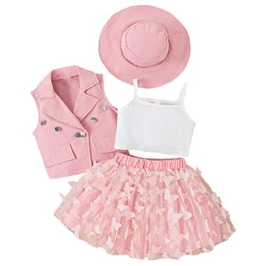 Imagem de Camisetas para meninas verão infantil casaco sem mangas colete branco borboleta tule saia chapéu quatro girafas (rosa, 6-7 anos)