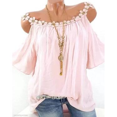 Imagem de yeacher -border roupas femininas europeias e americanas 2020 verão desejo rendas gola redonda sem alças camiseta cor sólida feminina rosa XL
