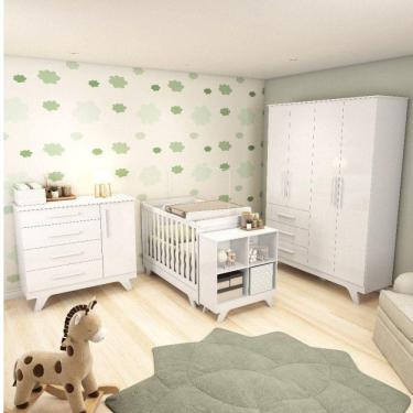 Imagem de Quarto de Bebê com Berço 2 em 1 Guarda Roupa Cômoda Estante e Trocador Kakau Retrô Espresso Móveis Branco Brilho