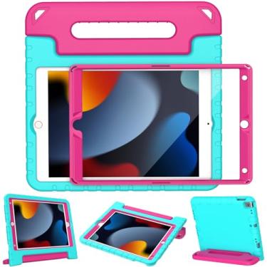 Imagem de Capa infantil LTROP para iPad 10.2 de 9ª/8ª/7ª geração (2021/2020/2019), tem alça e suporte para ficar de pé - Turquesa e rosa