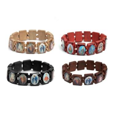 Imagem de Fnjuucw 4 peças pulseira de madeira Jesus Rosário, pulseira de madeira extensível com painel pequeno, com imagens de santos religiosos Jesus presente para homens e mulheres