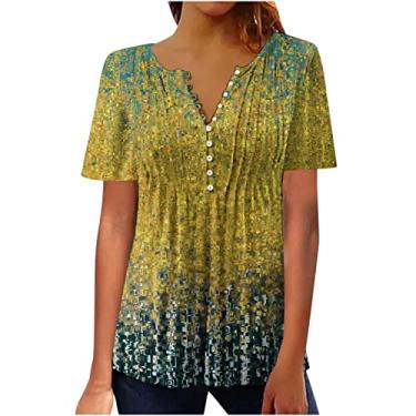 Imagem de Camisetas femininas outono verão manga curta gola V gradiente floral ajuste solto camiseta blusa feminina 2024, R-721 Amarelo Mostarda, XG