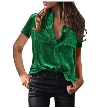 Imagem de Camisetas femininas gola alta de veludo camiseta feminina manga curta cardigã outono inverno 2024, R-146 verde-limão, P