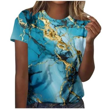 Imagem de Blusa feminina manga curta mármore colorido gráfico solto blusa longa para mulheres gola canoa verão outono camisas 2024, X-028 multicolorido, P