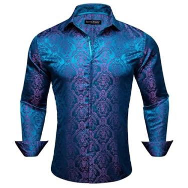 Imagem de Camisetas masculinas de designer azul liso cetim bordado Paisley flor manga longa slim fit blusas masculinas blusas casuais, 0464, XXG