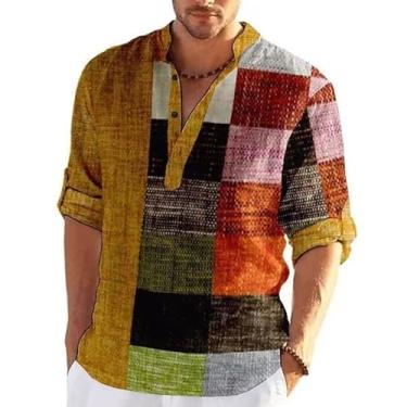 Imagem de Camisa masculina vintage patchwork estampa colorida bloco manga comprida camisa casual hippie esportes praia tops blusa (Color : Yellow, Size : S)