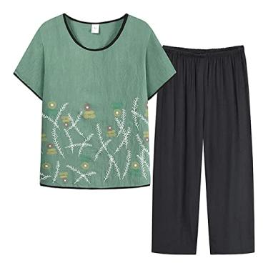 Imagem de Conjunto feminino loungewear feminino novo floral de bolinhas estampado médio e idoso algodão seda camiseta manga curta, Verde, GG