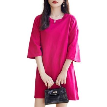 Imagem de Ailaile Camisetas femininas longas de verão, casuais, soltas, meia manga, gola redonda, 100% algodão, Vermelho rosa, G