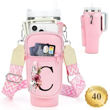Imagem de LOKASS Suporte de garrafa de água personalizado com alça para acessórios Stanley Cup Tumbler de 1,134 g, bolsa de transporte inicial para garrafa de água com bolso para telefone, para mulheres, ideal
